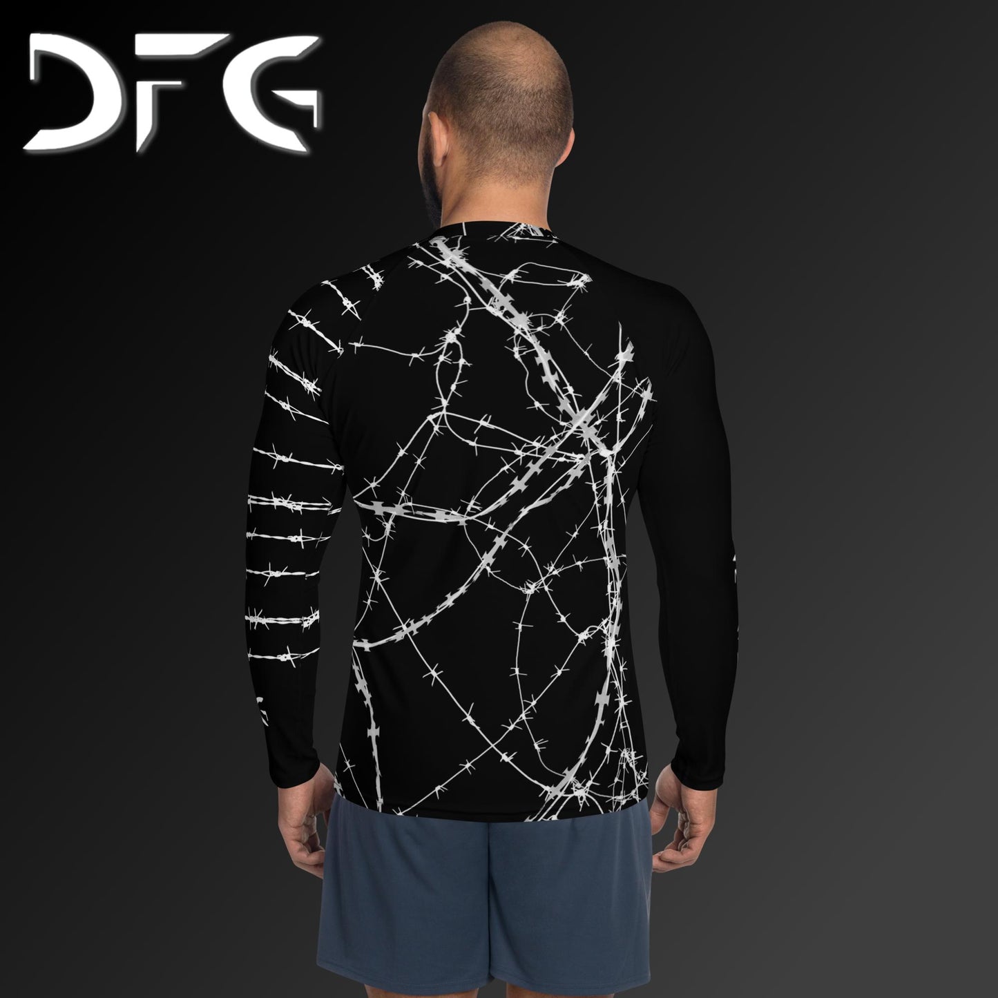 Masculine-Fit White Barbed Wire Long-Sleeved Rash Guard
