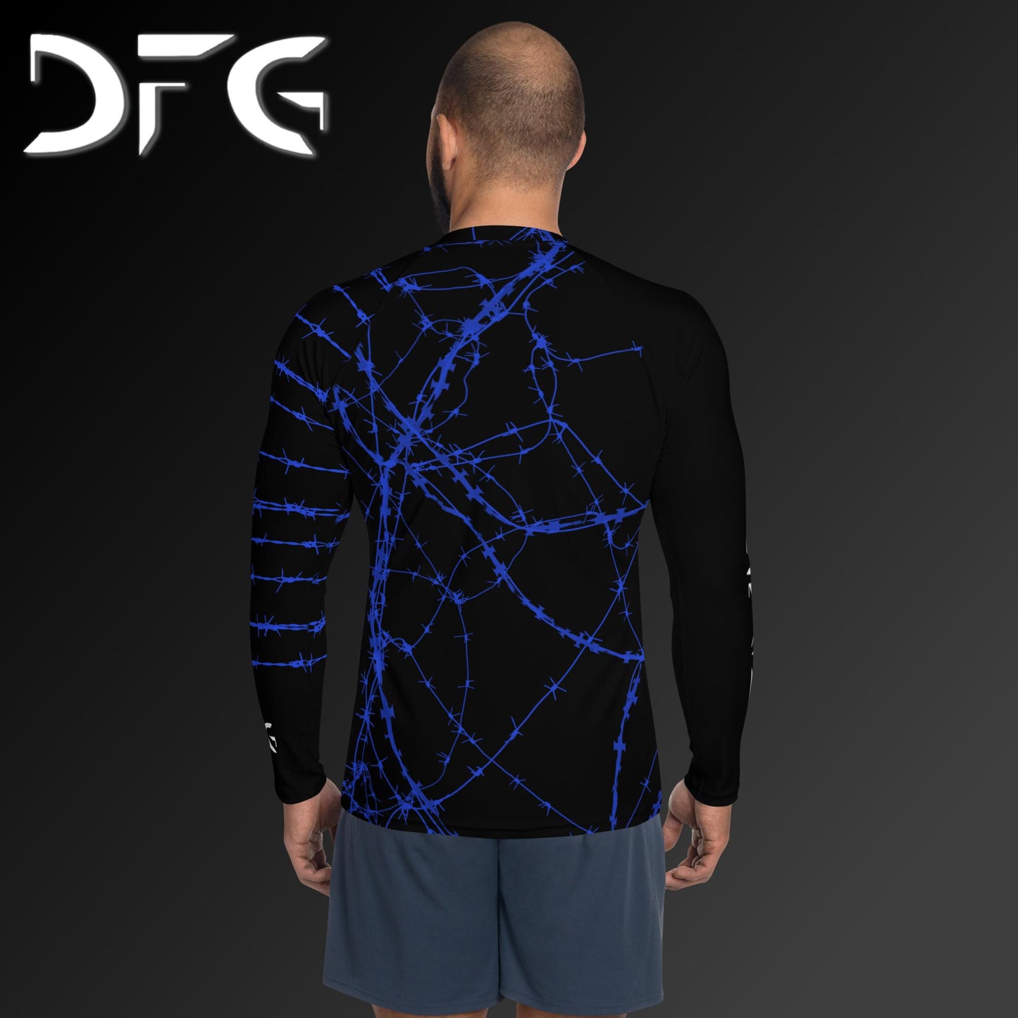 Masculine-Fit Blue Barbed Wire Long-Sleeved Rash Guard