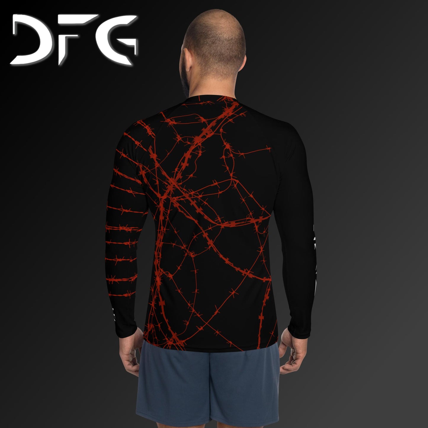 Masculine-Fit Black/Red Barbed Wire Long-Sleeved Rash Guard