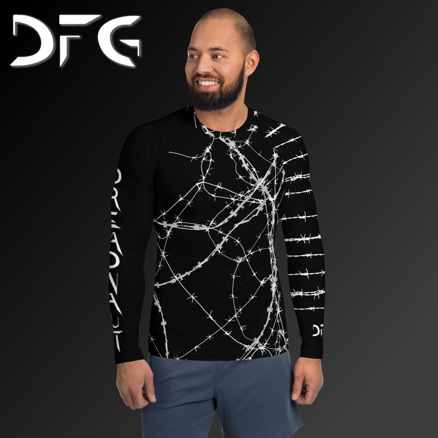 Masculine-Fit White Barbed Wire Long-Sleeved Rash Guard