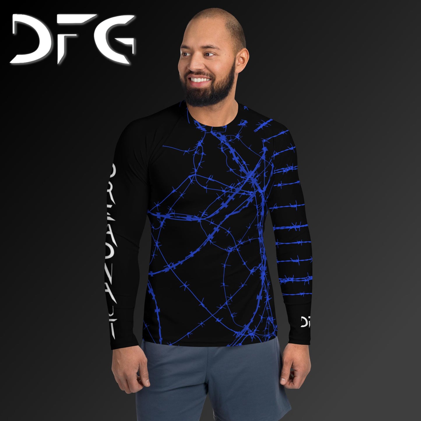Masculine-Fit Blue Barbed Wire Long-Sleeved Rash Guard