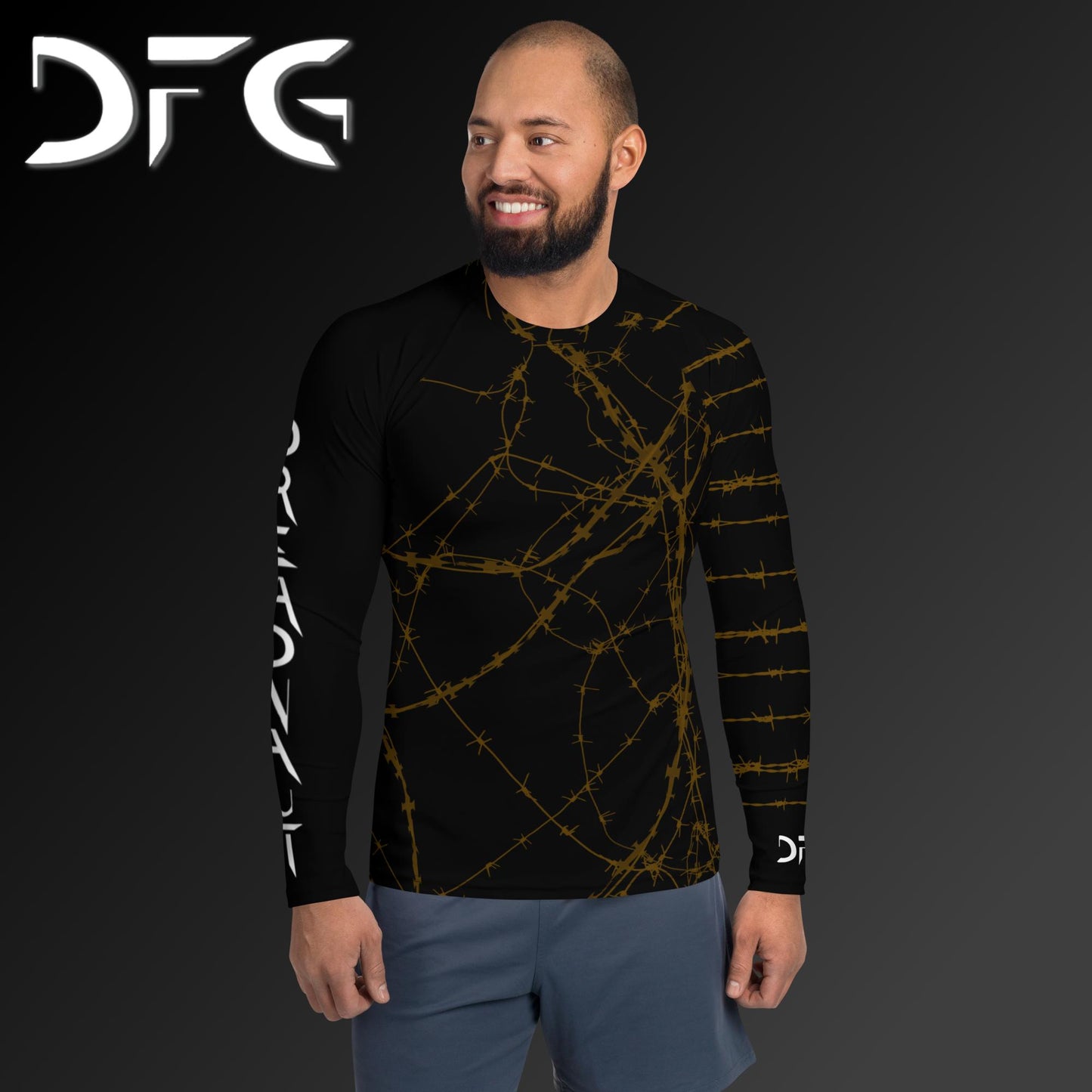 Masculine-Fit Brown Barbed Wire Long-Sleeved Rash Guard