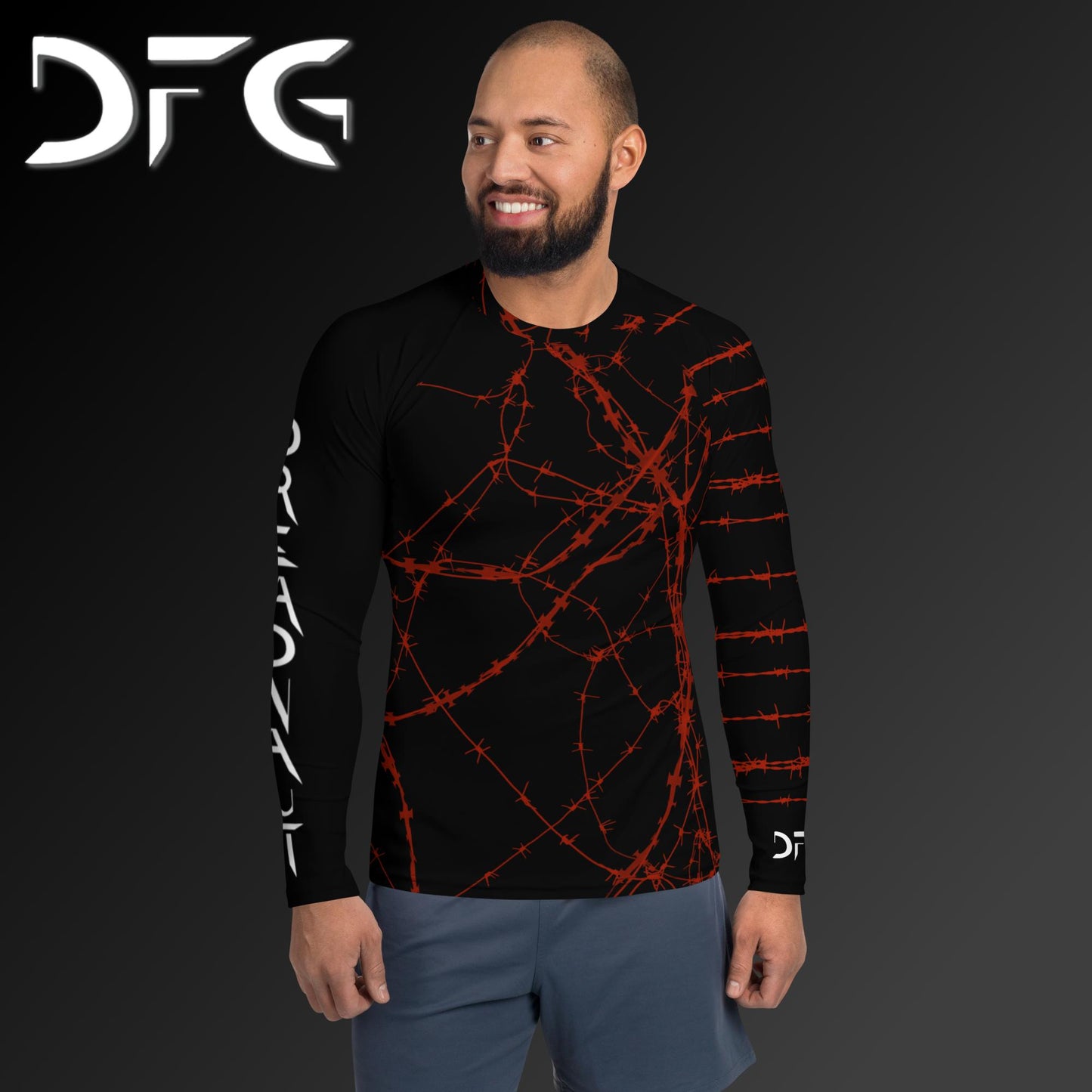 Masculine-Fit Black/Red Barbed Wire Long-Sleeved Rash Guard