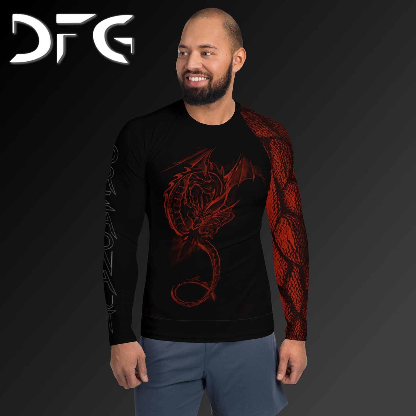 Masculine-Fit Black/Red Dragon Long-Sleeved Rash Guard