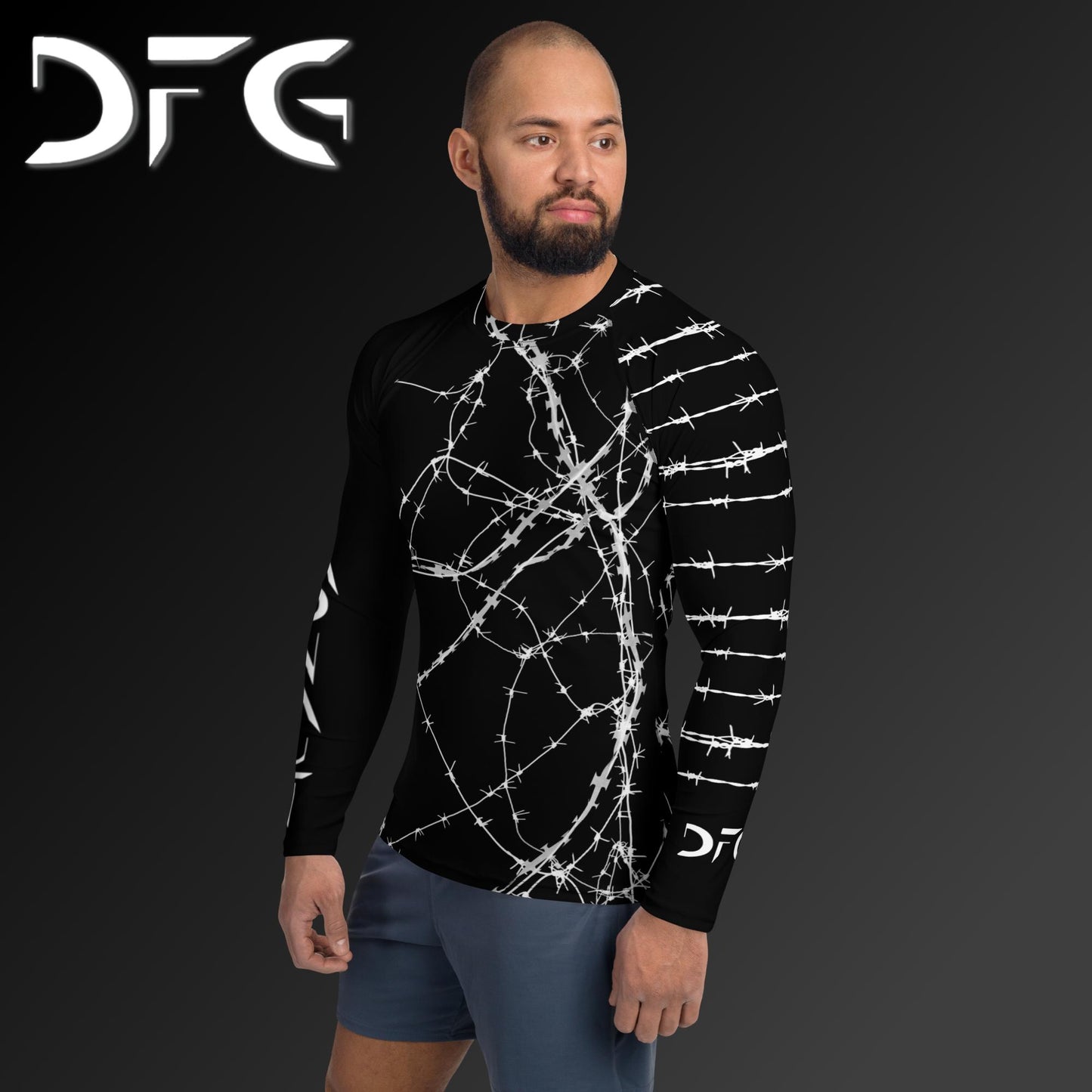 Masculine-Fit White Barbed Wire Long-Sleeved Rash Guard