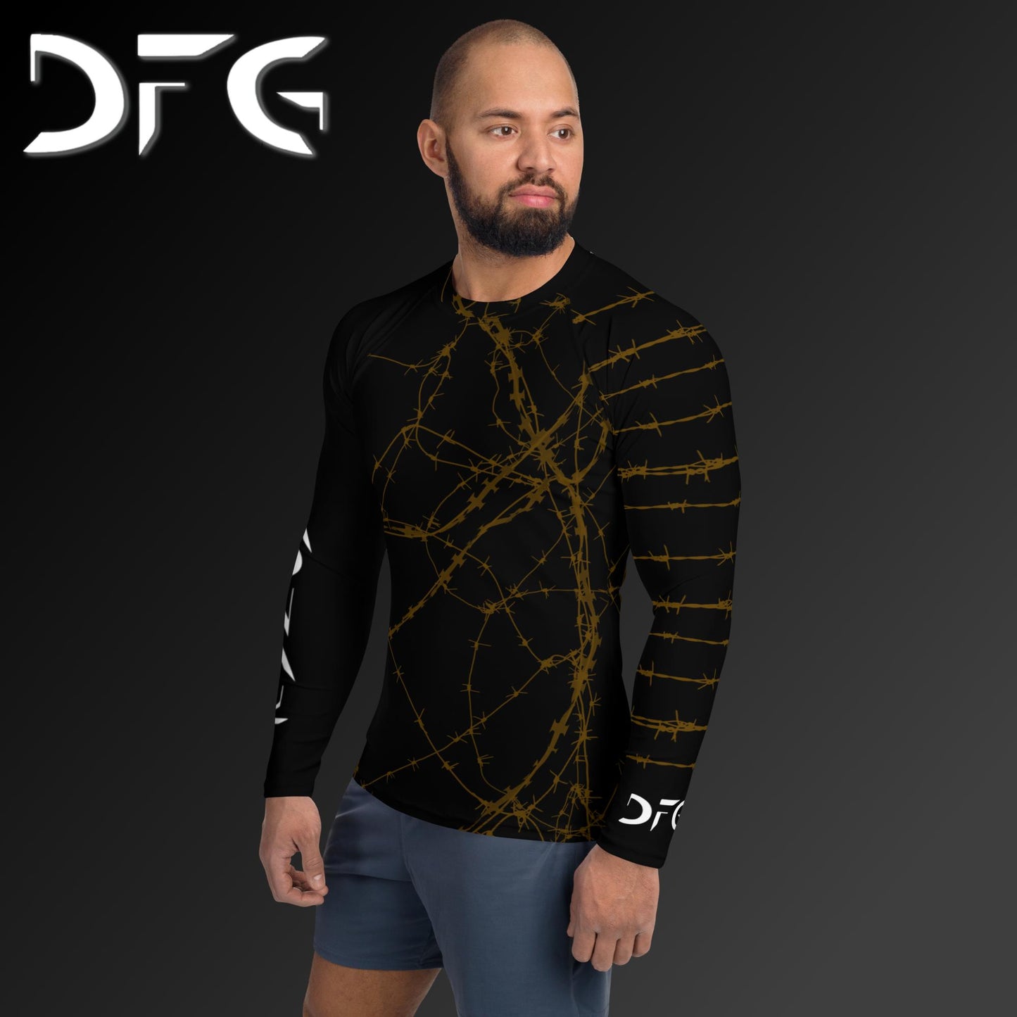 Masculine-Fit Brown Barbed Wire Long-Sleeved Rash Guard