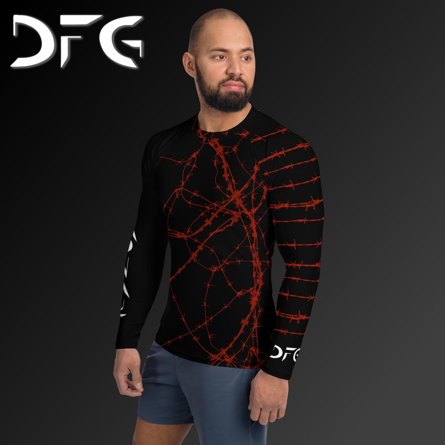 Masculine-Fit Black/Red Barbed Wire Long-Sleeved Rash Guard