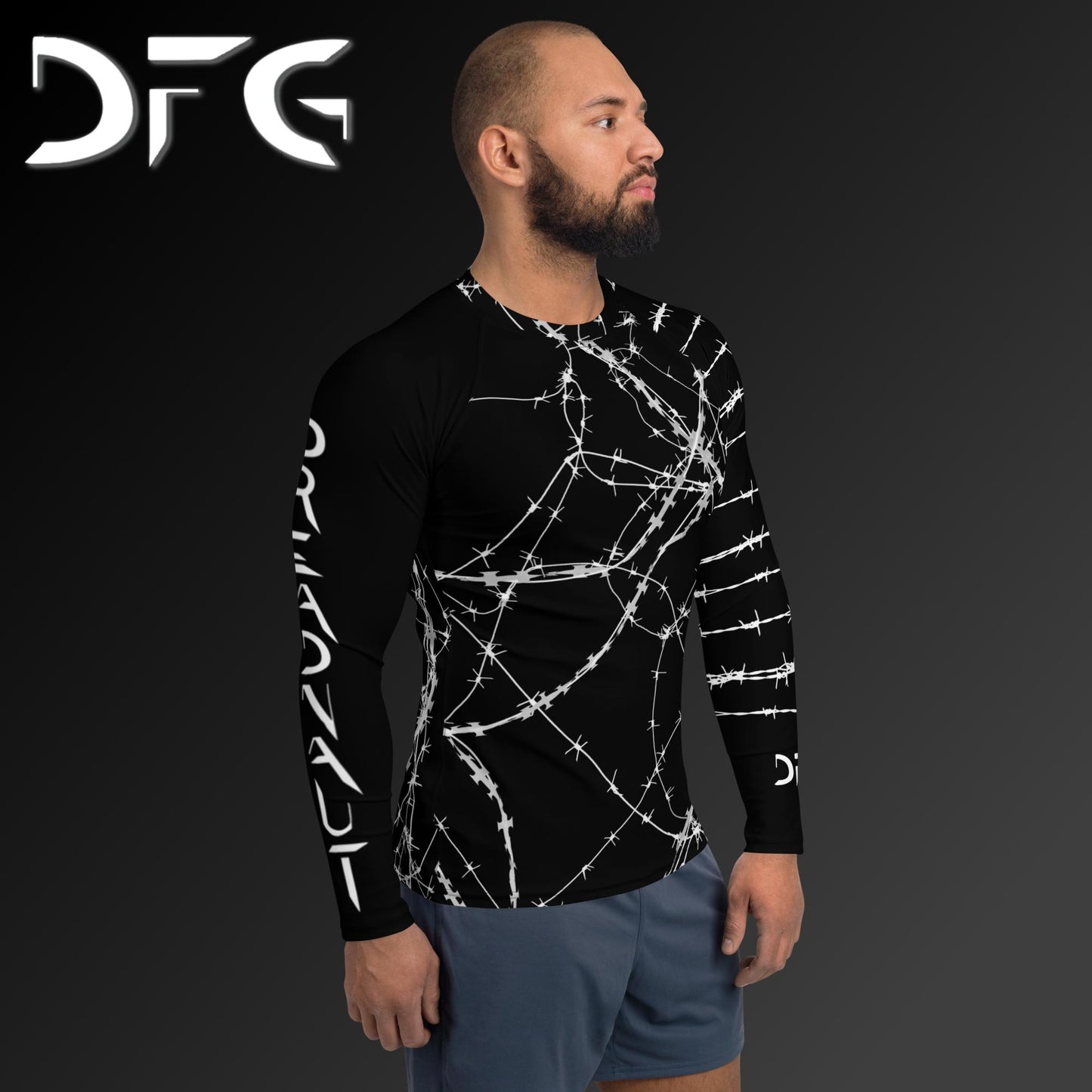 Masculine-Fit White Barbed Wire Long-Sleeved Rash Guard