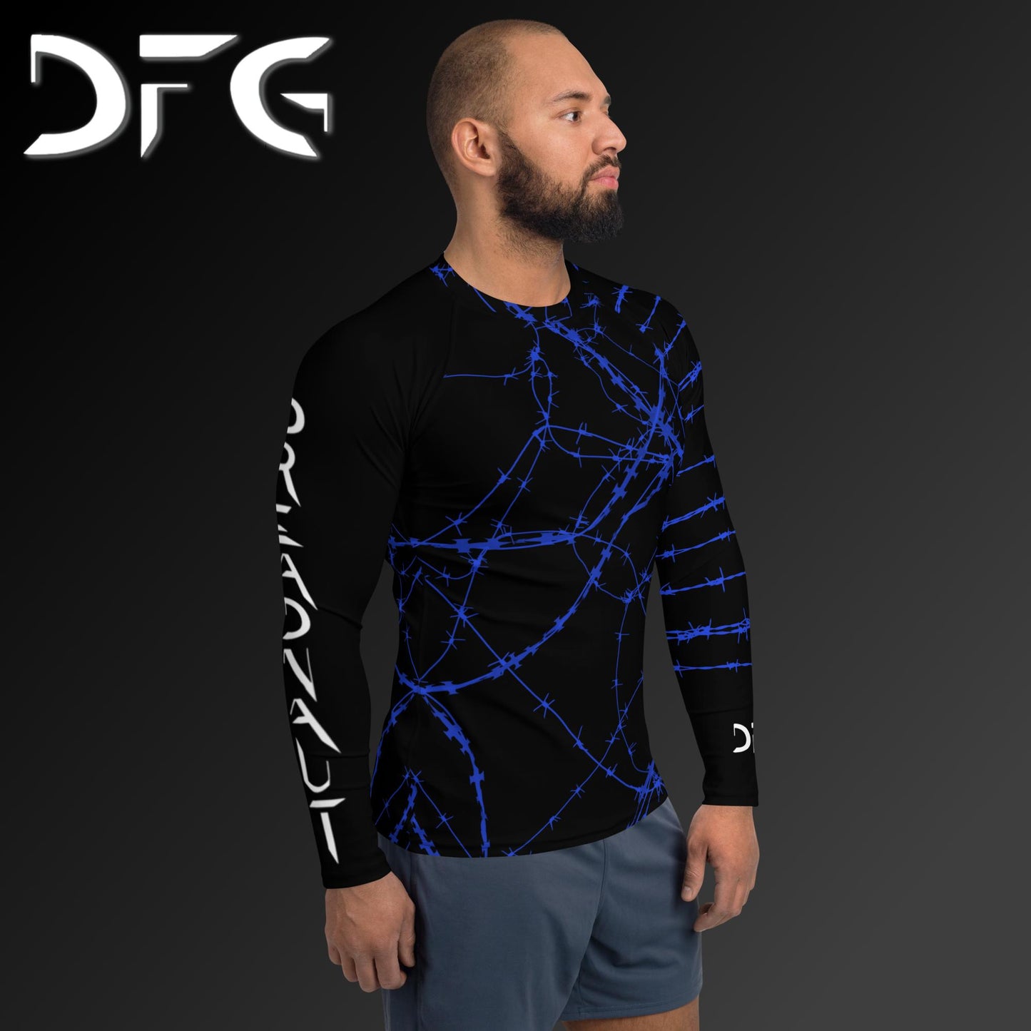 Masculine-Fit Blue Barbed Wire Long-Sleeved Rash Guard