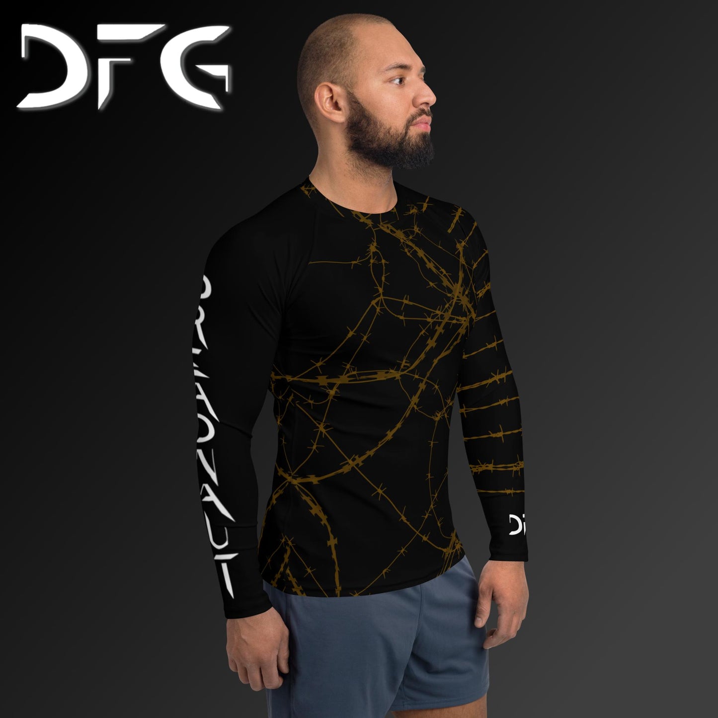 Masculine-Fit Brown Barbed Wire Long-Sleeved Rash Guard