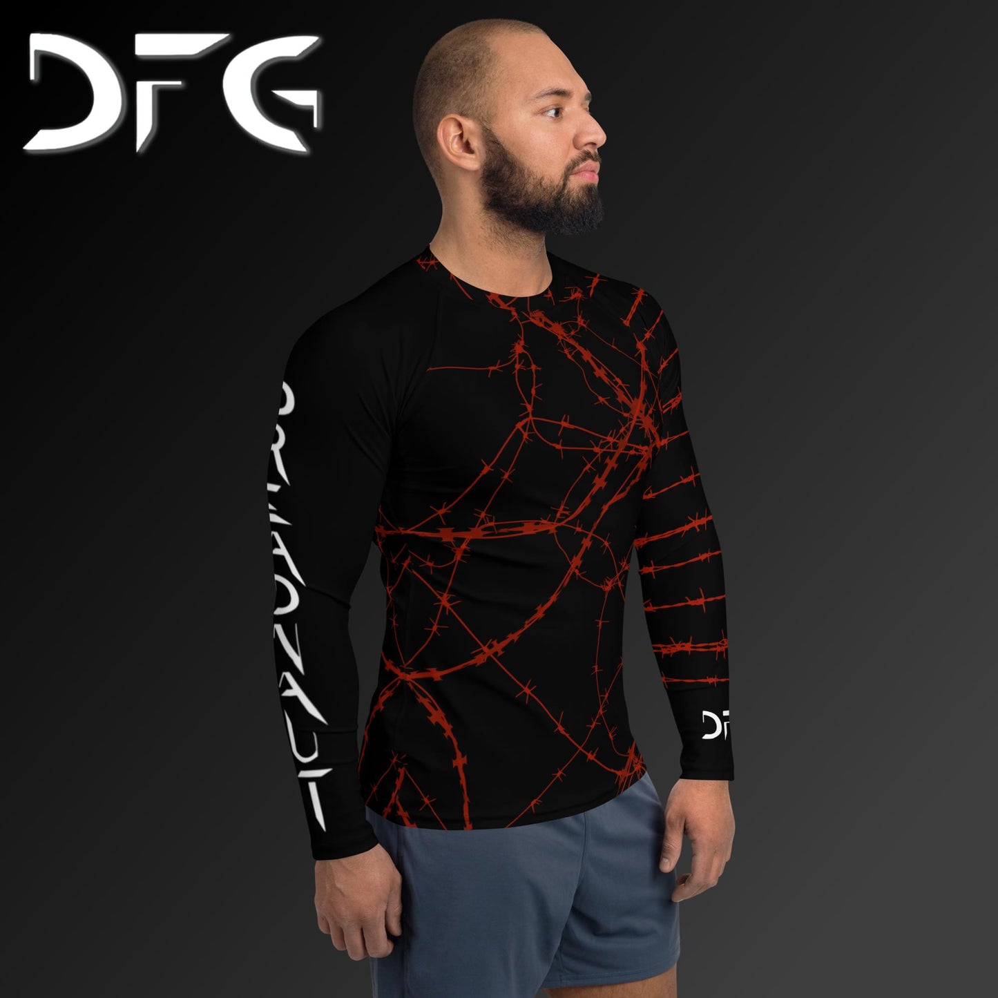 Masculine-Fit Black/Red Barbed Wire Long-Sleeved Rash Guard