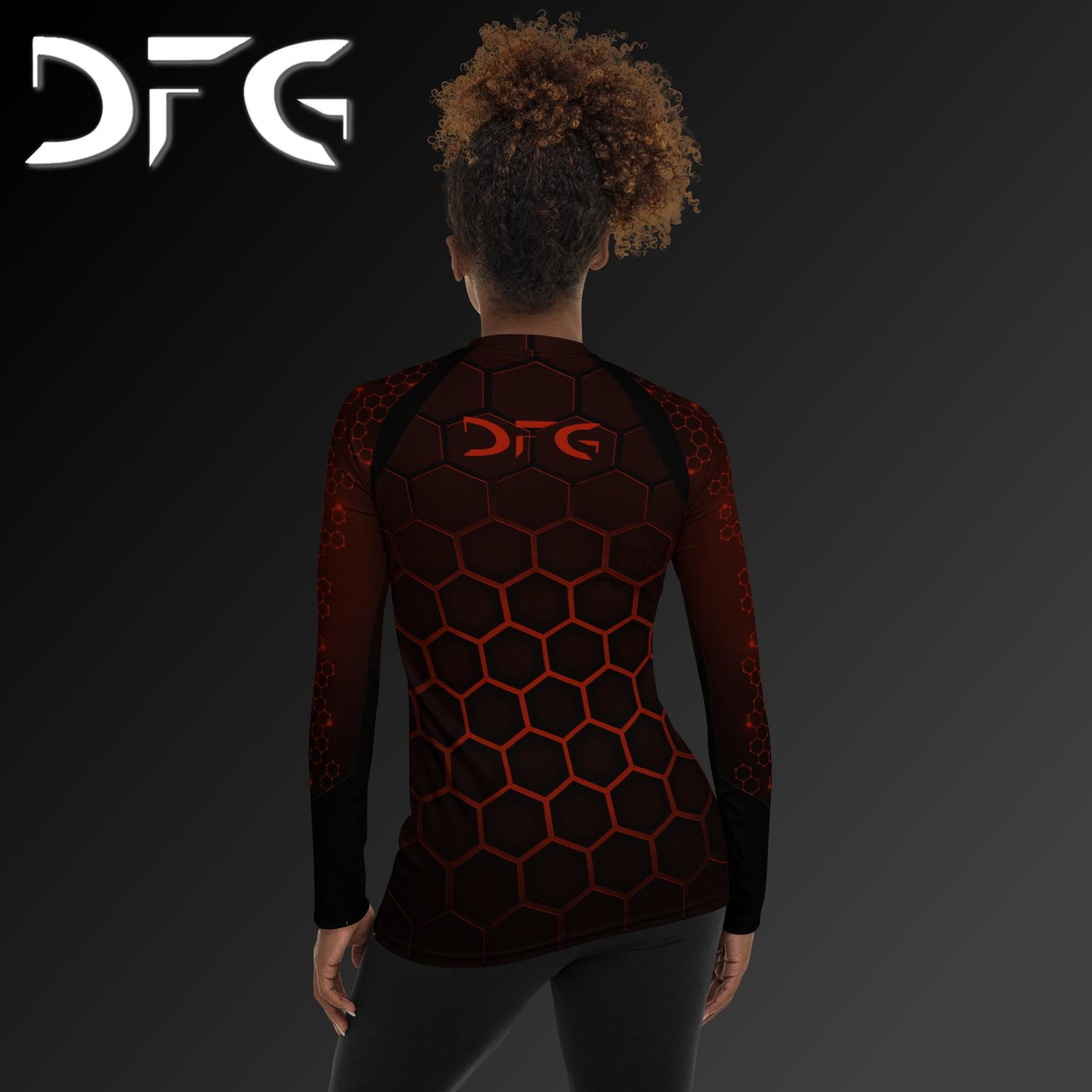 Feminine-Fit Black/Red Hex Long-Sleeved Rash Guard