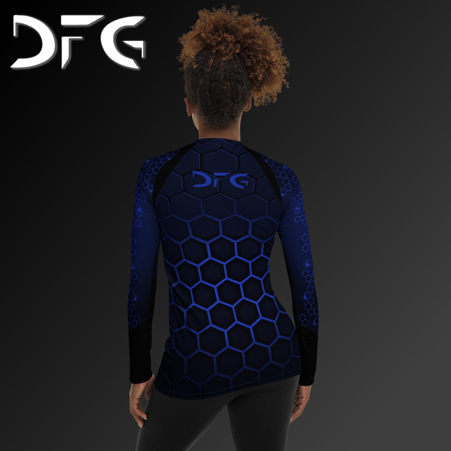 Feminine-Fit Blue Hex Long-Sleeved Rash Guard