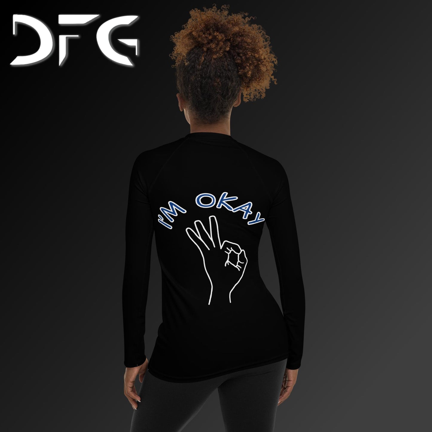 Feminine-Fit Blue OKAY Long-Sleeved Rash Guard