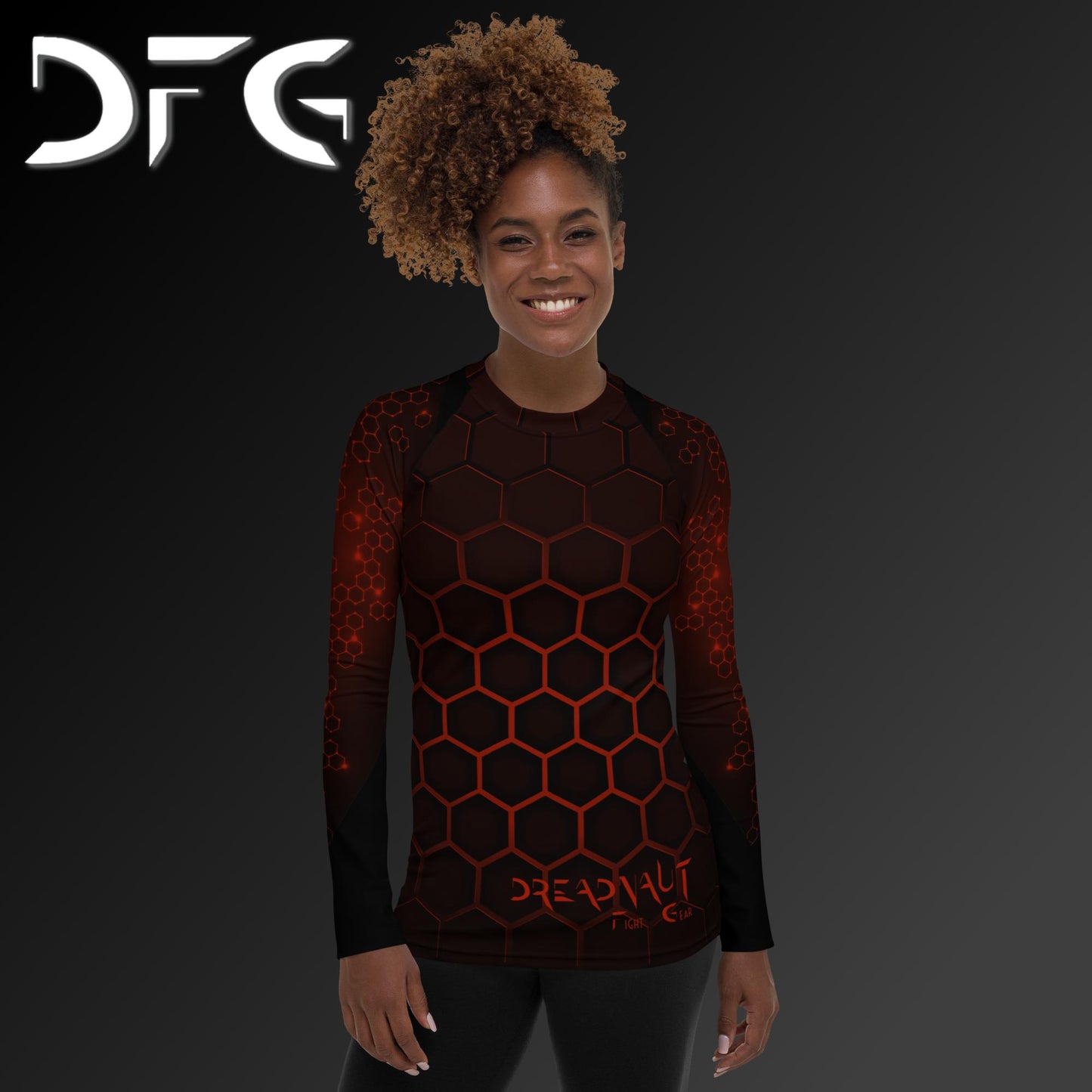 Feminine-Fit Black/Red Hex Long-Sleeved Rash Guard