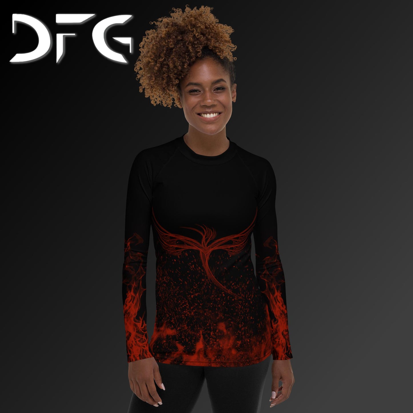 Feminine-Fit Black/Red Phoenix Long-Sleeved Rash Guard