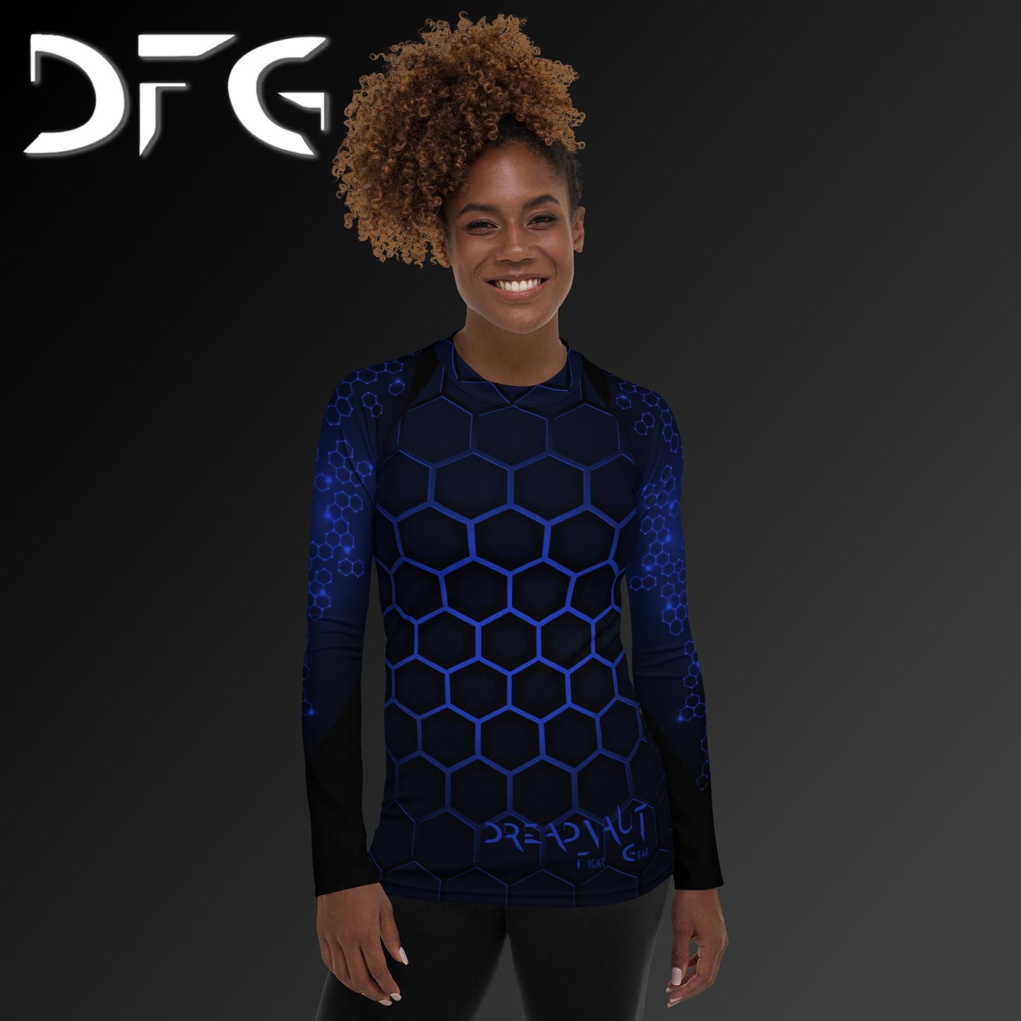 Feminine-Fit Blue Hex Long-Sleeved Rash Guard