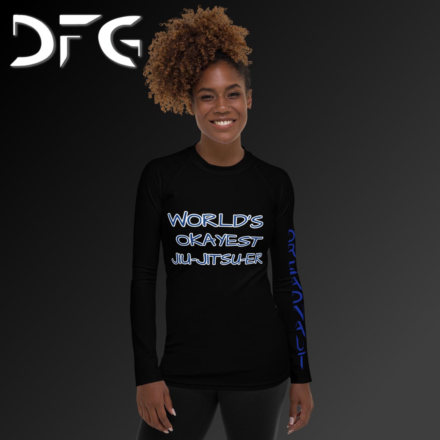 Feminine-Fit Blue OKAY Long-Sleeved Rash Guard
