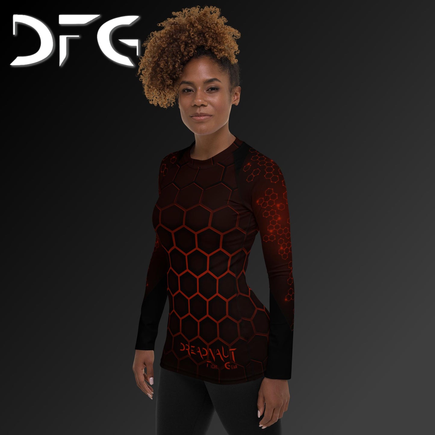 Feminine-Fit Black/Red Hex Long-Sleeved Rash Guard