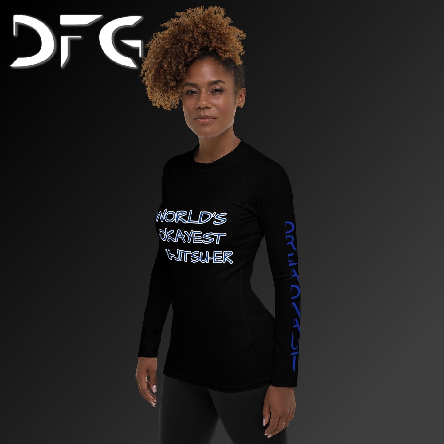 Feminine-Fit Blue OKAY Long-Sleeved Rash Guard