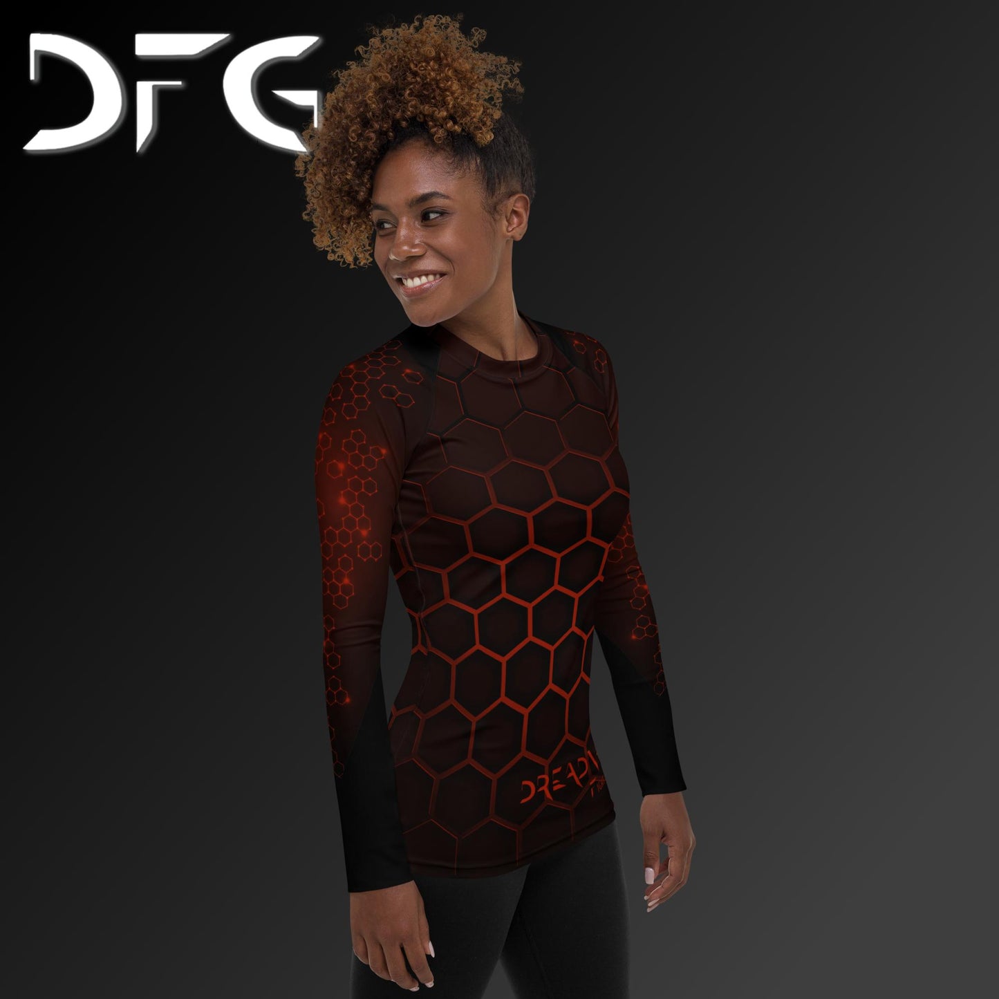 Feminine-Fit Black/Red Hex Long-Sleeved Rash Guard