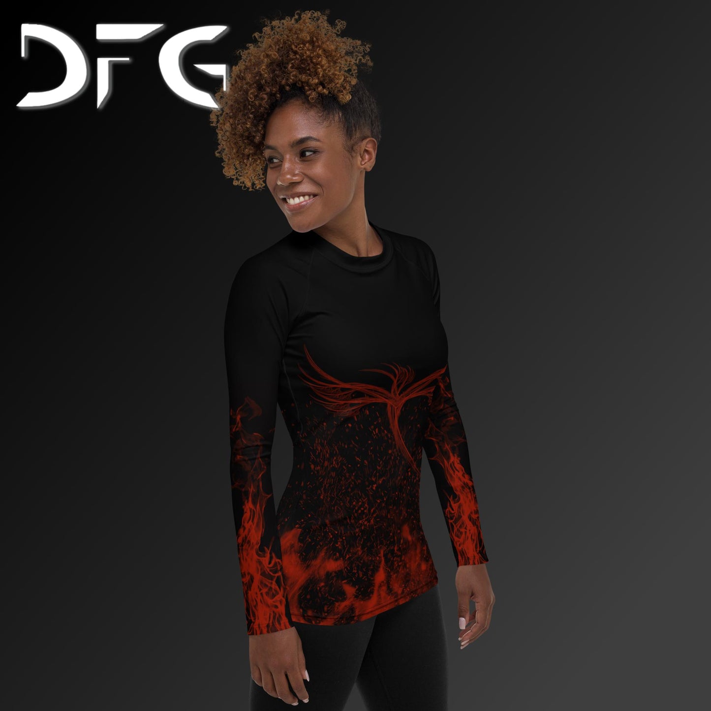 Feminine-Fit Black/Red Phoenix Long-Sleeved Rash Guard