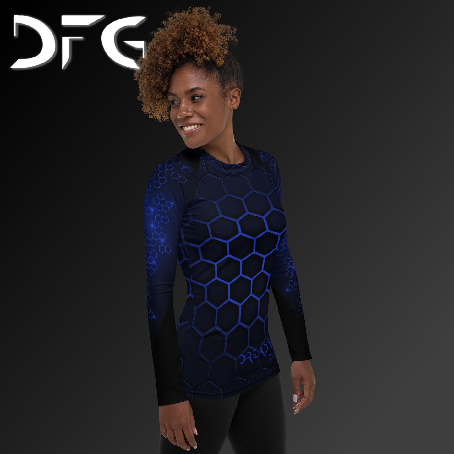 Feminine-Fit Blue Hex Long-Sleeved Rash Guard