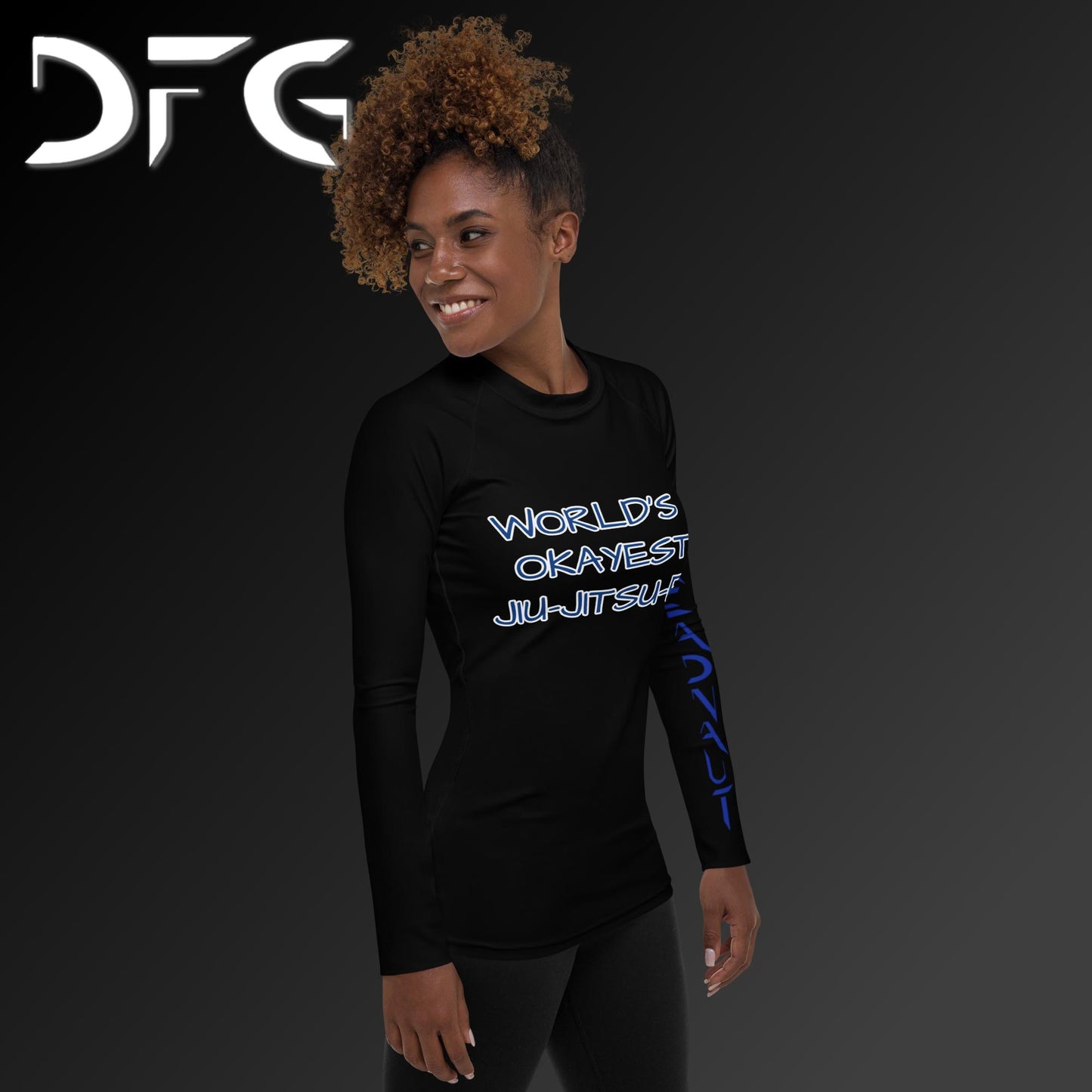 Feminine-Fit Blue OKAY Long-Sleeved Rash Guard