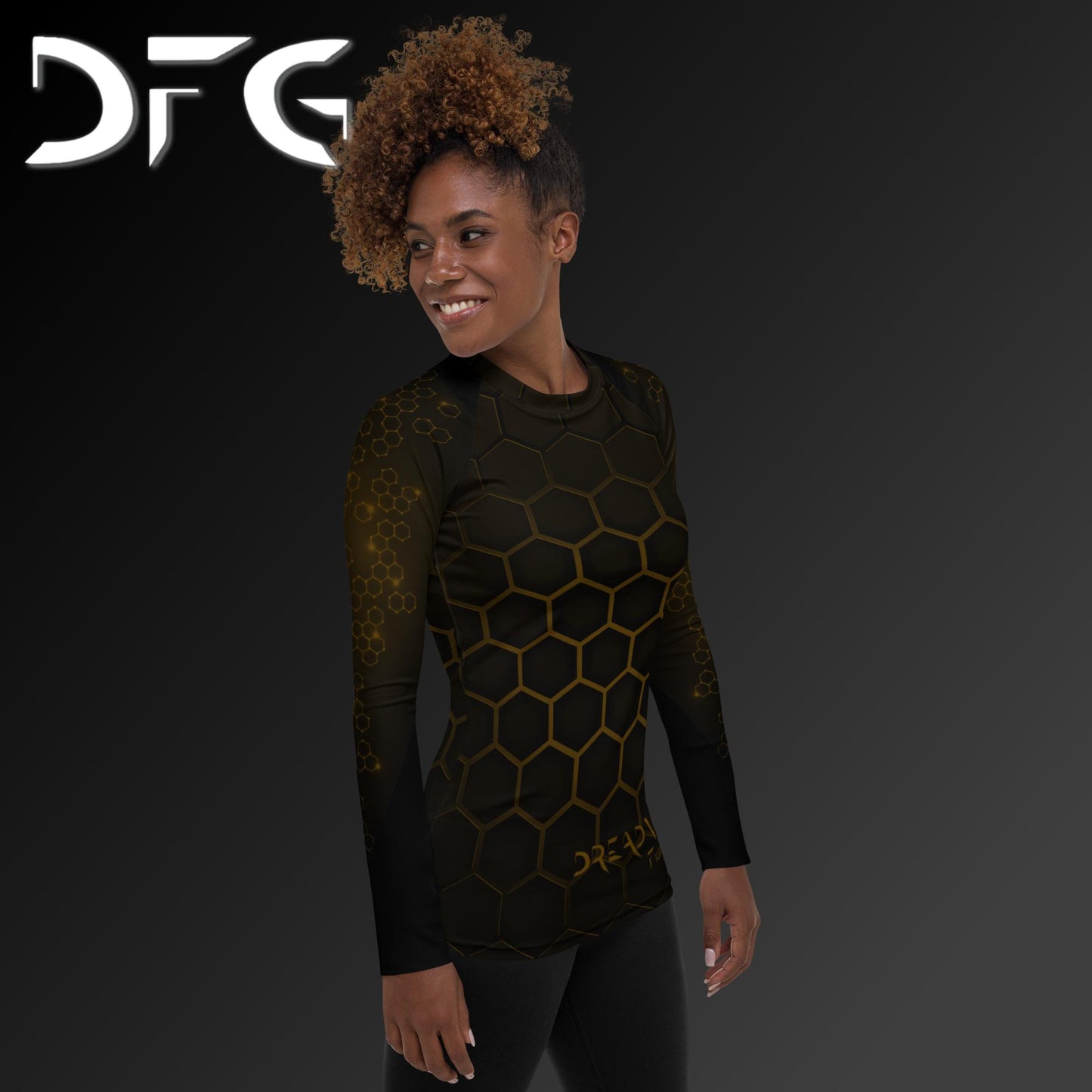 Feminine-Fit Brown Hex Long-Sleeved Rash Guard