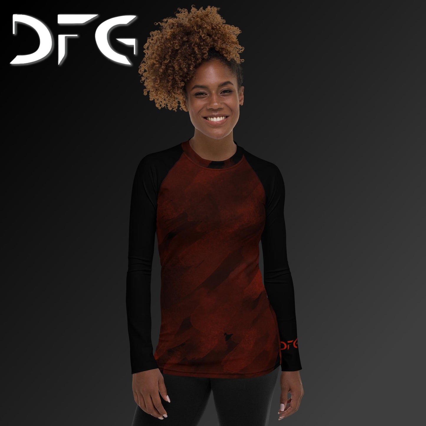 Feminine-Fit Black/Red Strokes Long-Sleeved Rash Guard