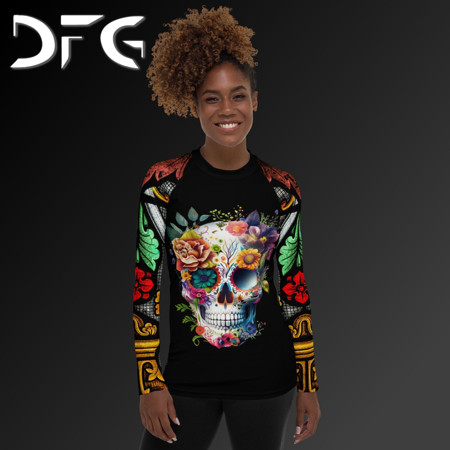 Feminine-Fit Sugar Skull Long-Sleeved Rash Guard