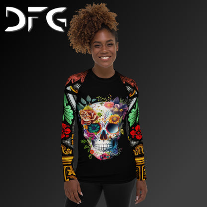 Feminine-Fit Sugar Skull Long-Sleeved Rash Guard