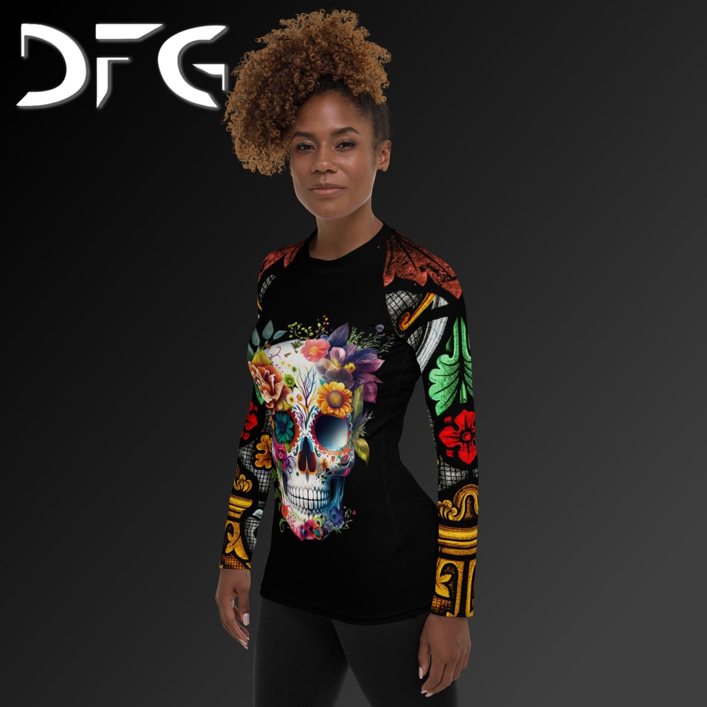 Feminine-Fit Sugar Skull Long-Sleeved Rash Guard